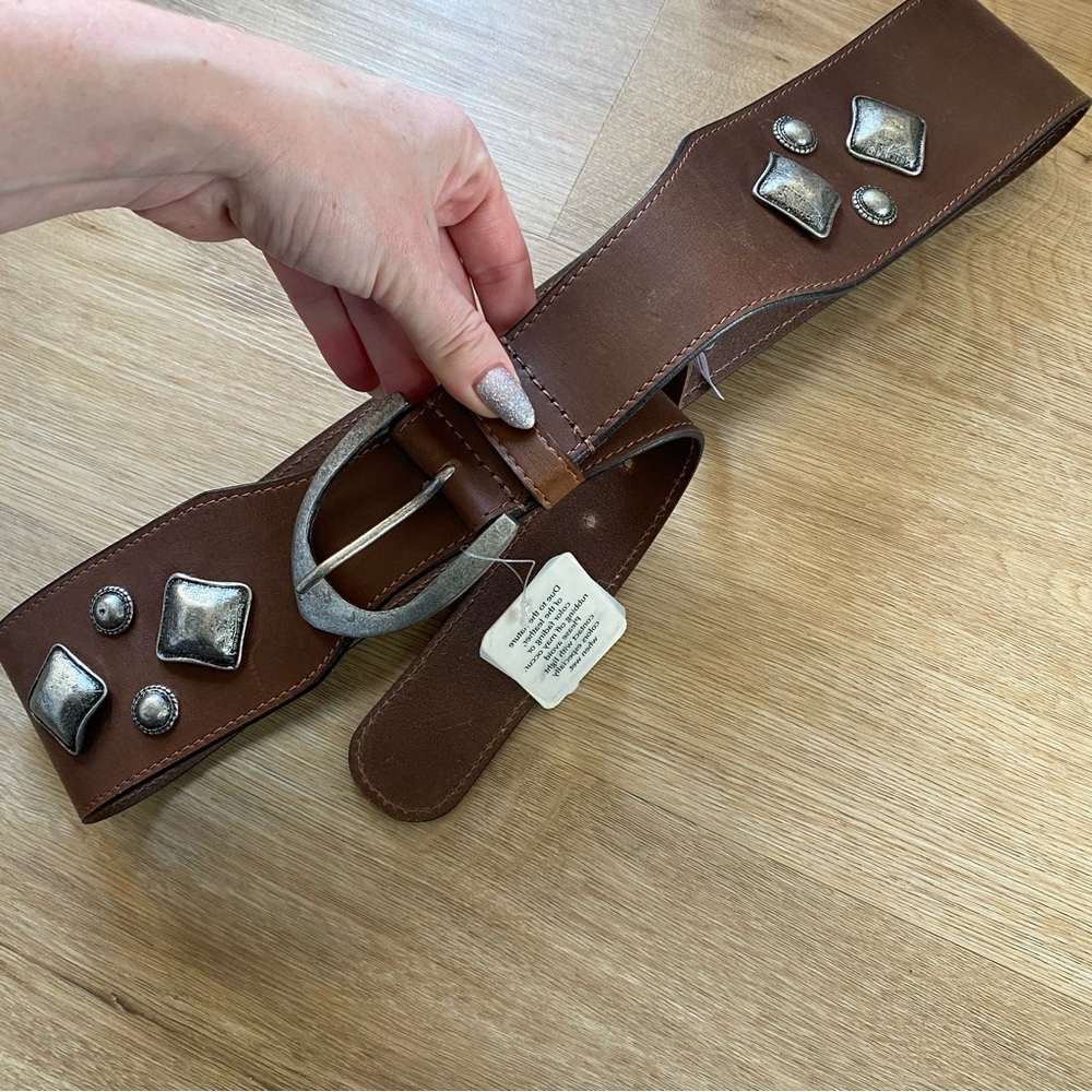Free People Brown Leather Belt with Silver Studs